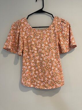 Bibi Women's Peach Floral Short-Sleeve Scoop Neck Top Size Small